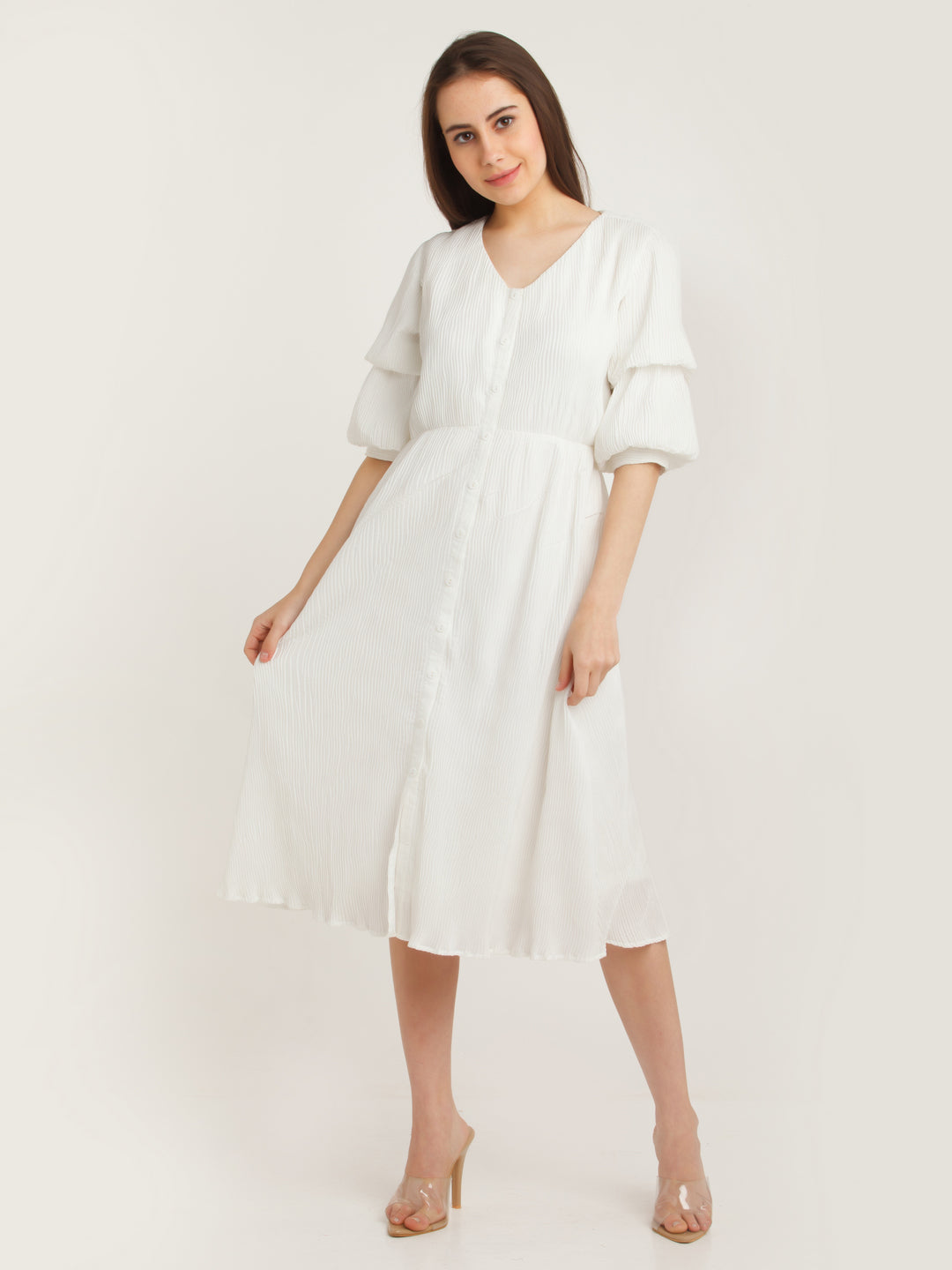 White Solid Puff Sleeve Midi Dress