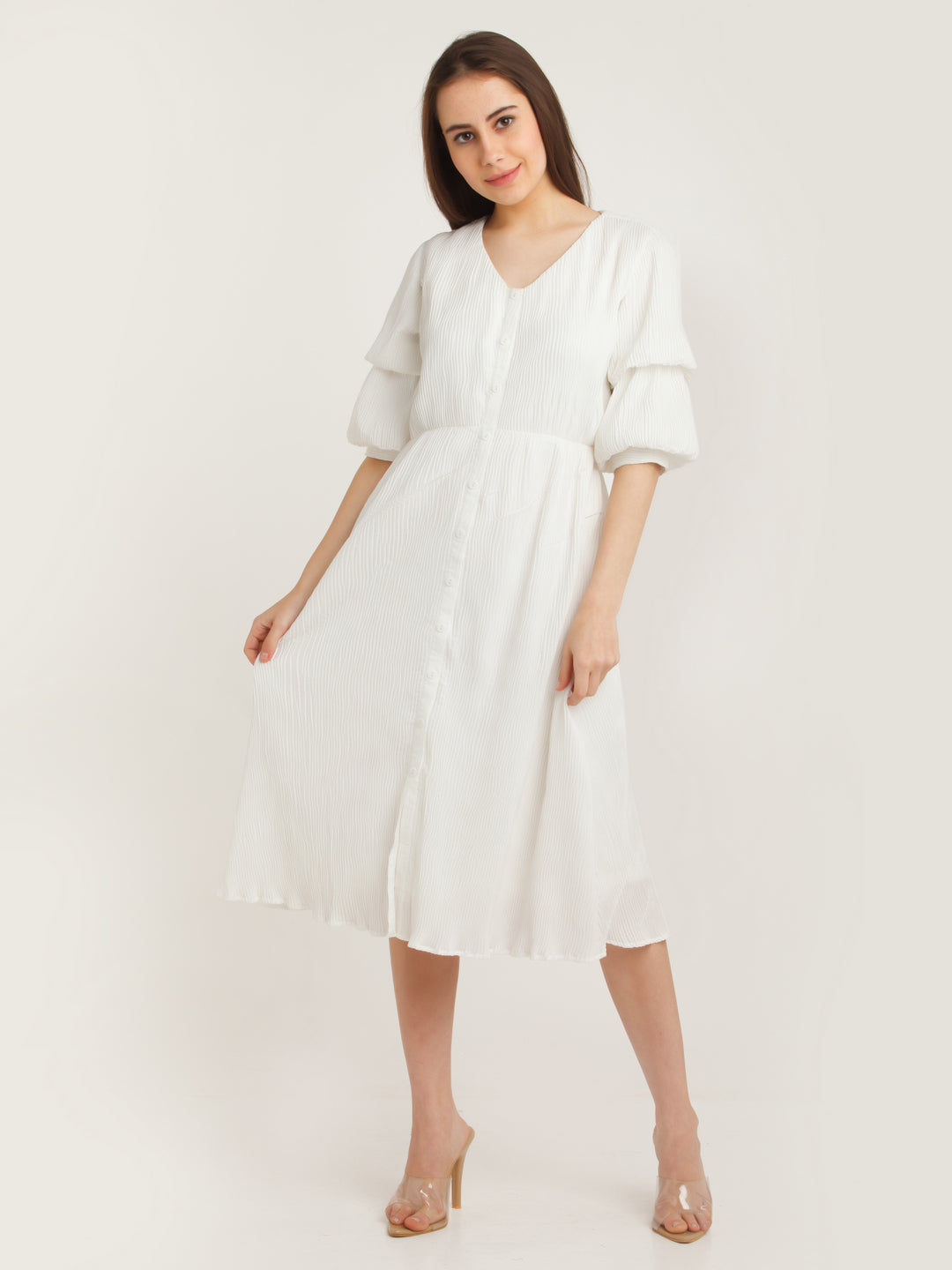 White Solid Puff Sleeve Midi Dress For Women