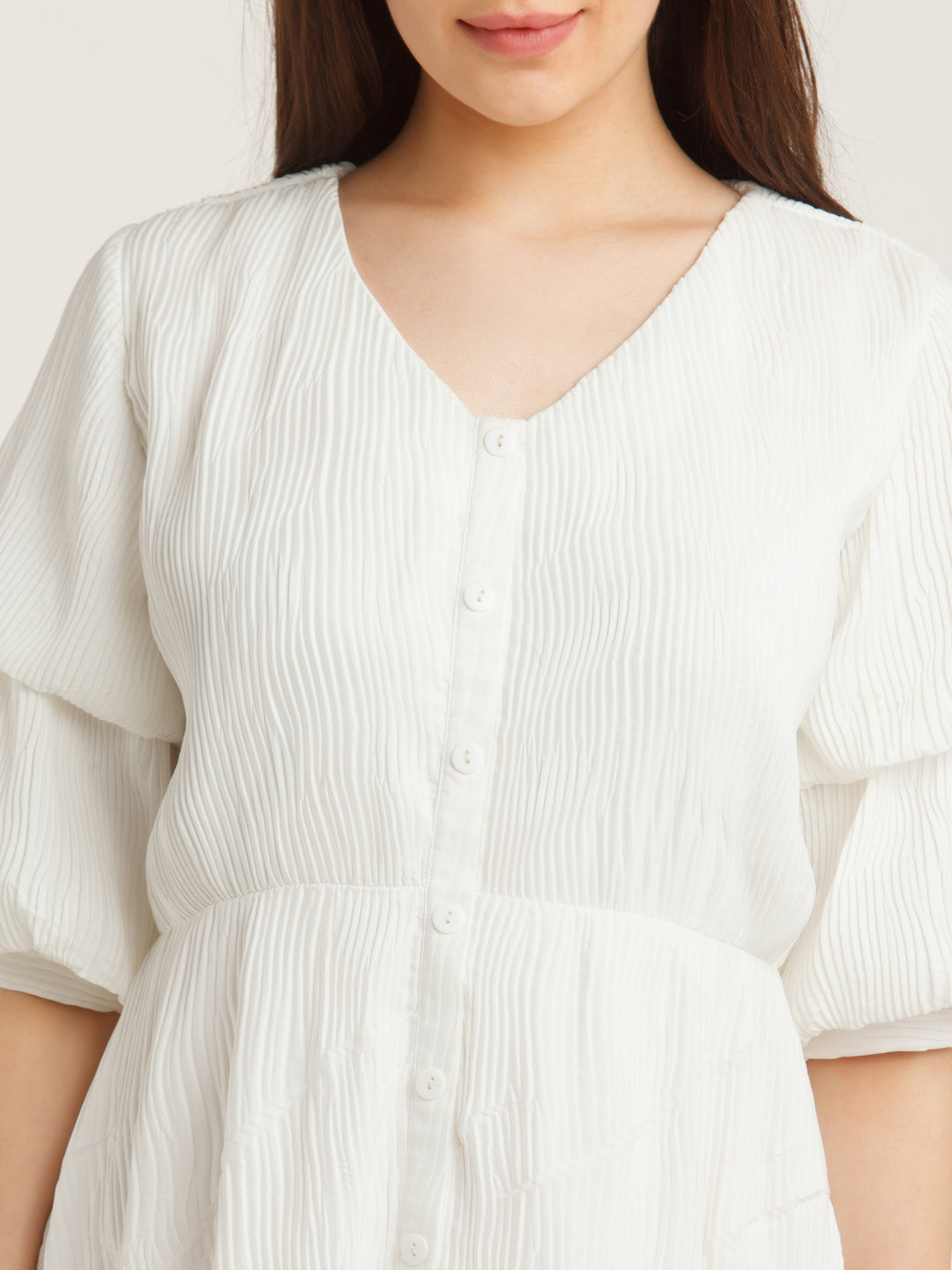 White Solid Puff Sleeve Midi Dress