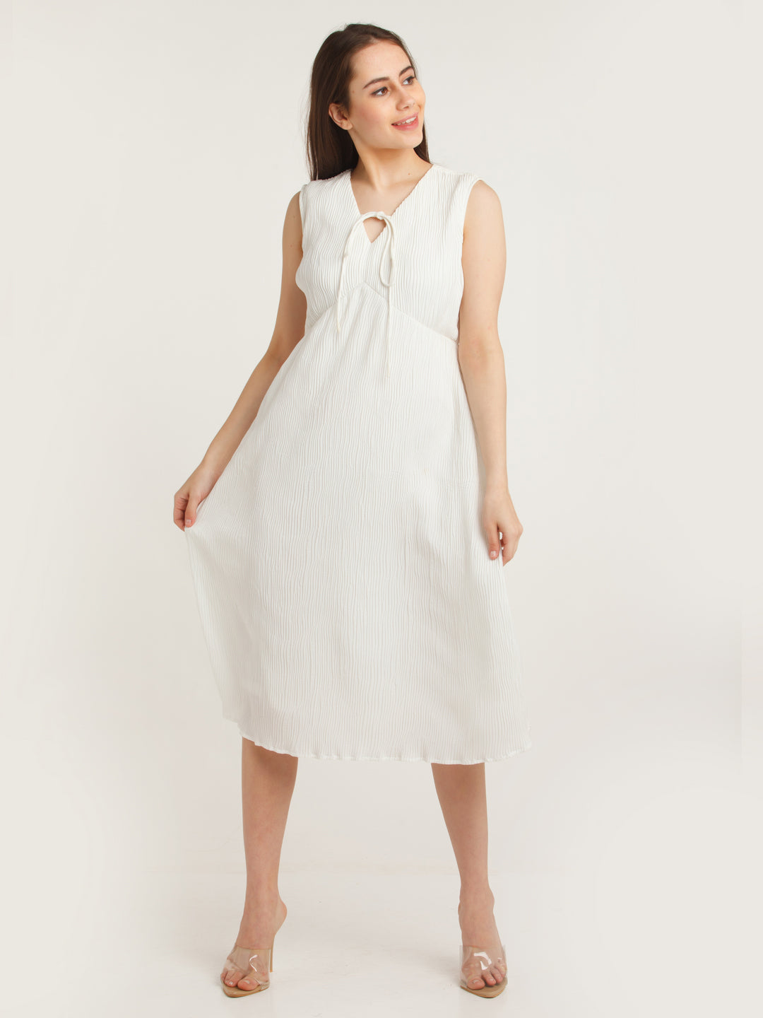 White Solid Empire Midi Dress