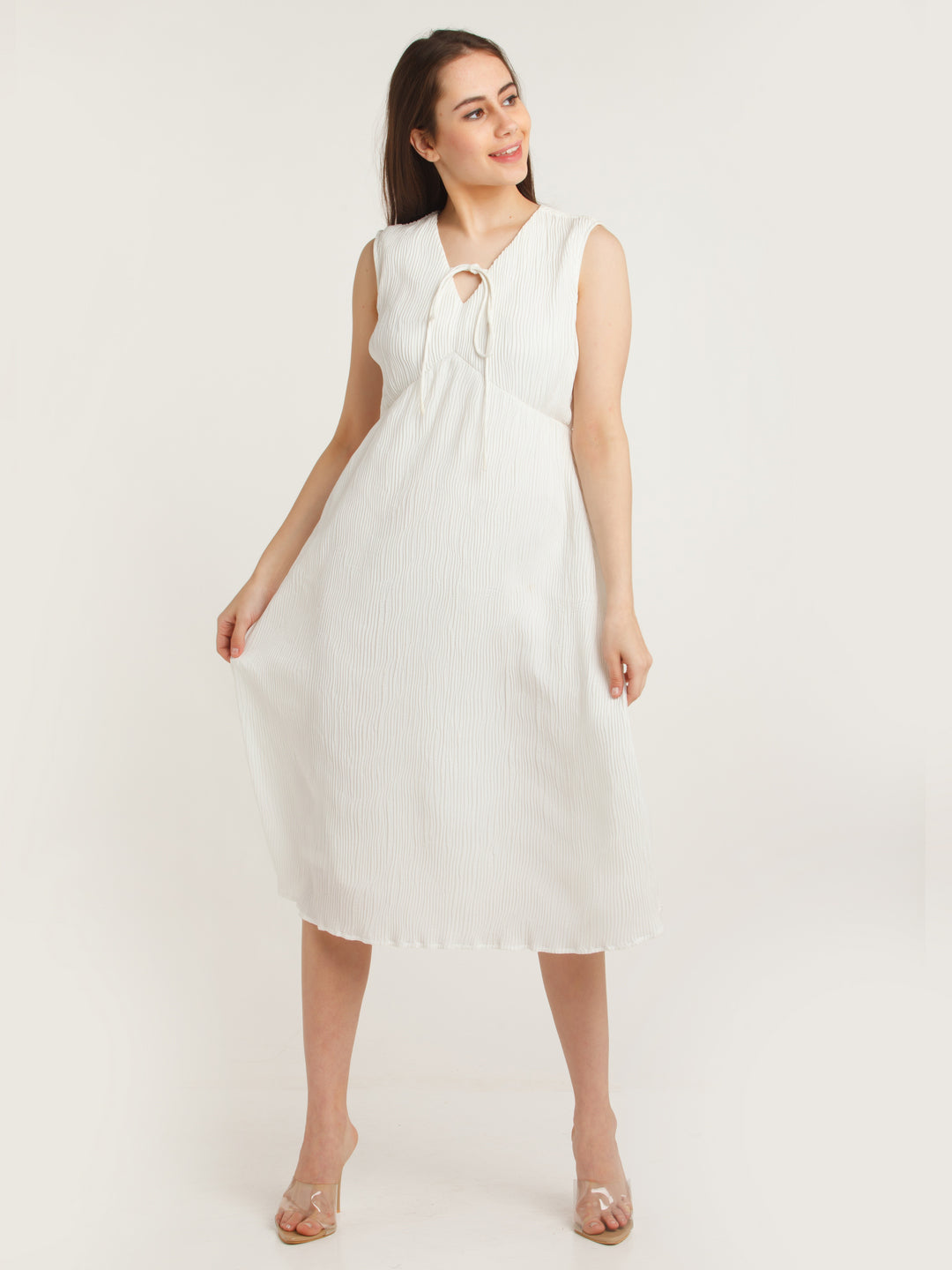 White Solid Empire Midi Dress For Women