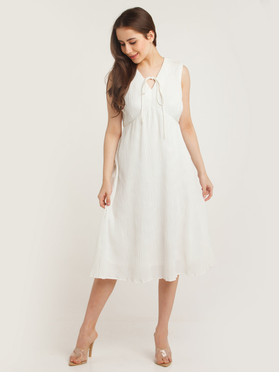 White Solid Empire Midi Dress For Women