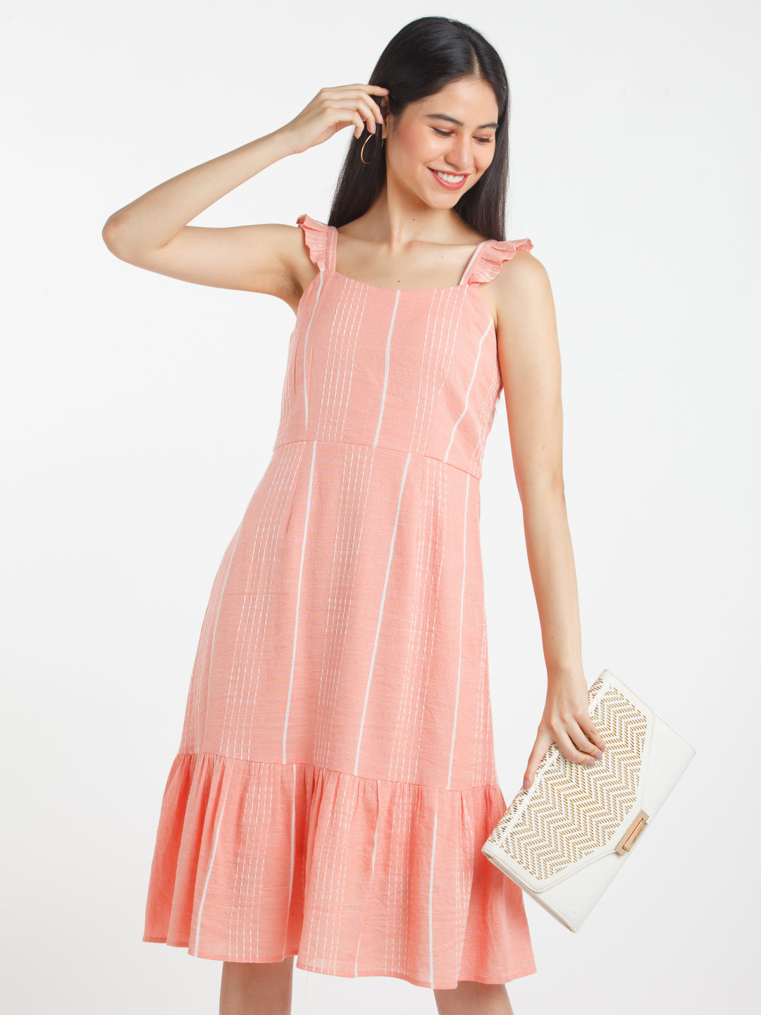 Peach Striped Ruffled Midi Dress