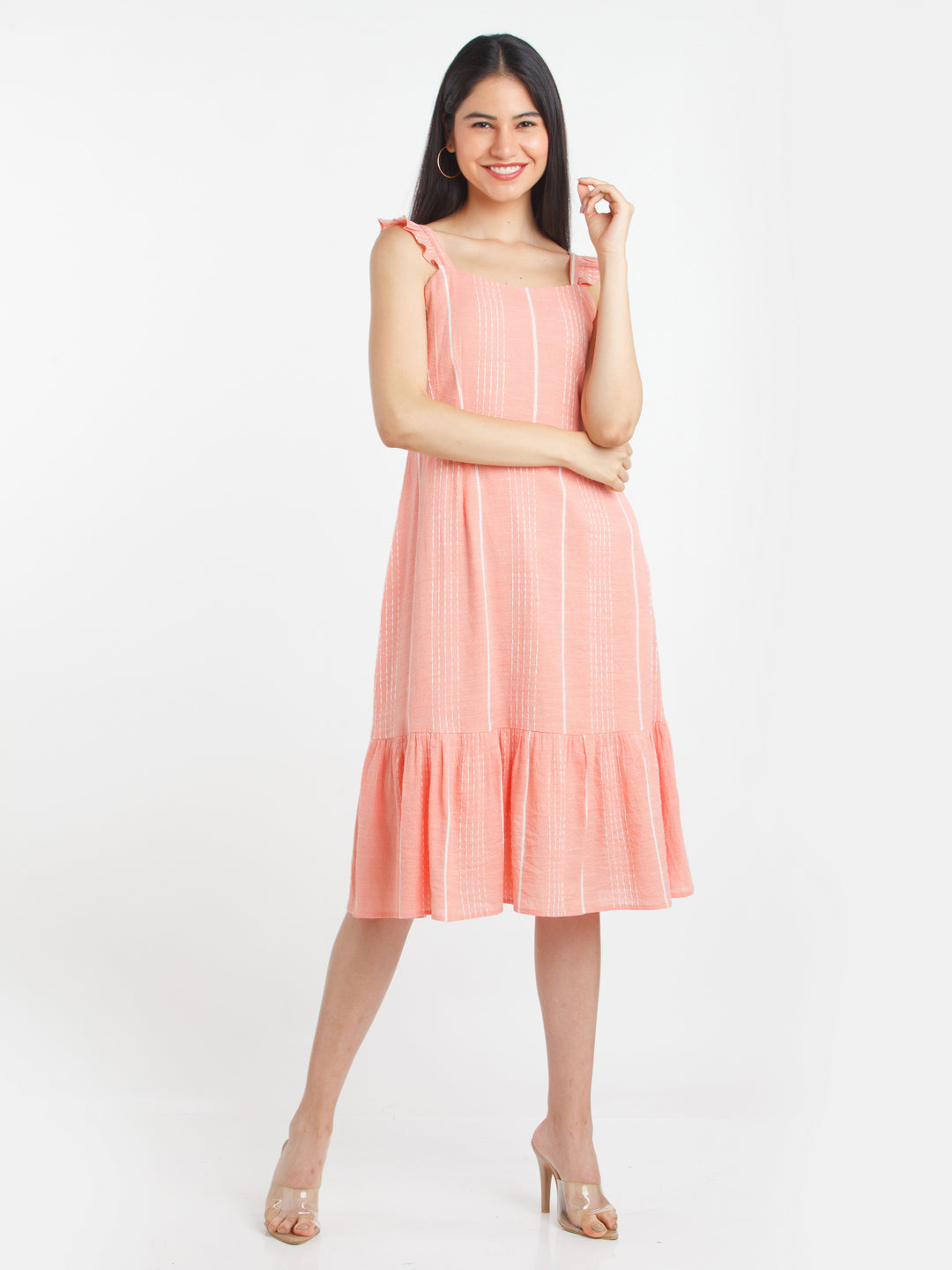 Peach Striped Ruffled Midi Dress