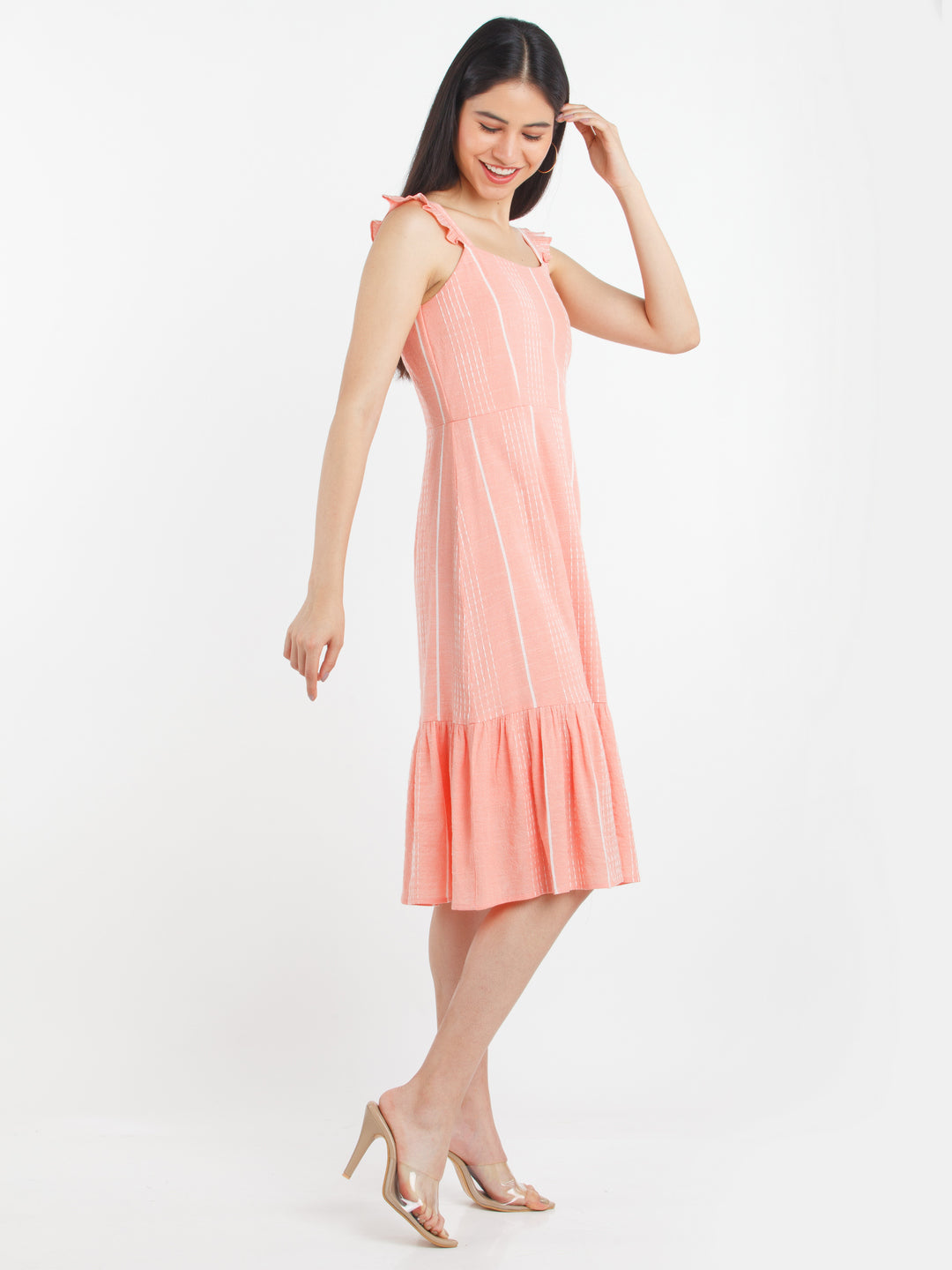 Peach Striped Ruffled Midi Dress