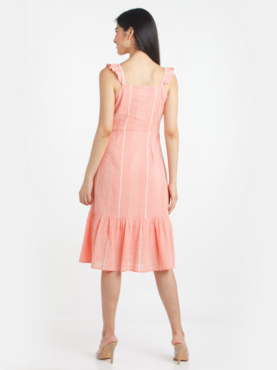 Peach Striped Ruffled Midi Dress For Women