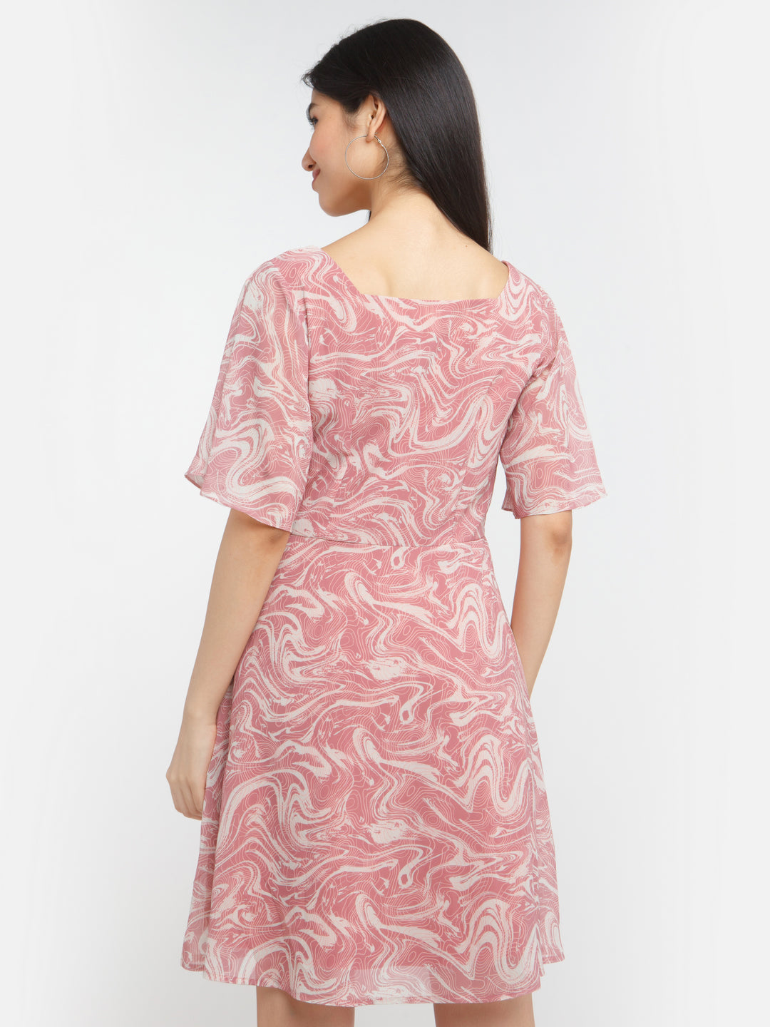 Rust Printed Flared Sleeve Short Dress For Women