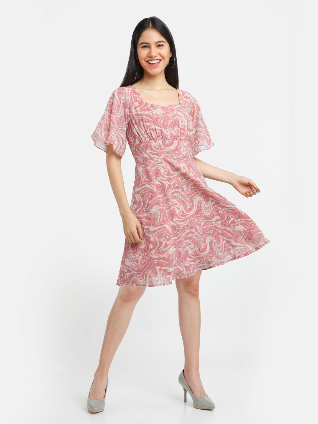 Rust Printed Flared Sleeve Short Dress