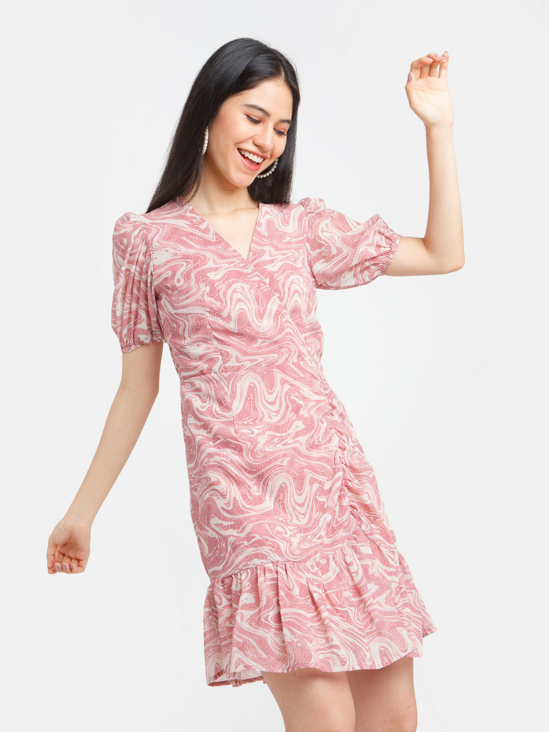 Rust Printed Ruched Short Dress For Women