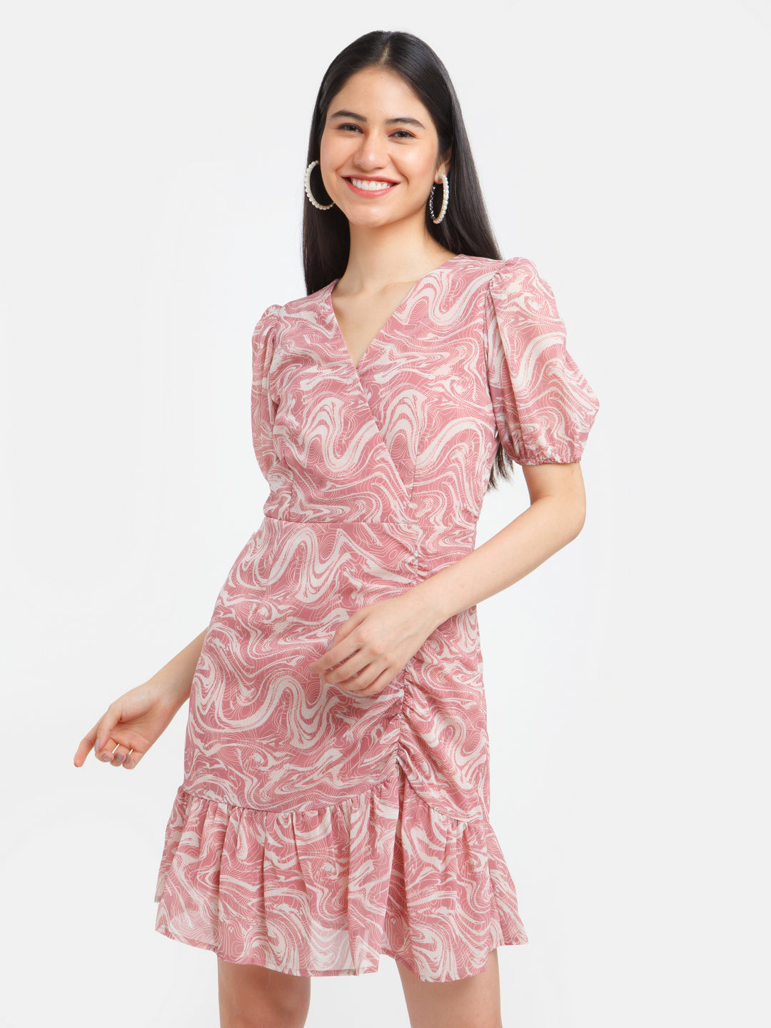 Rust Printed Ruched Short Dress