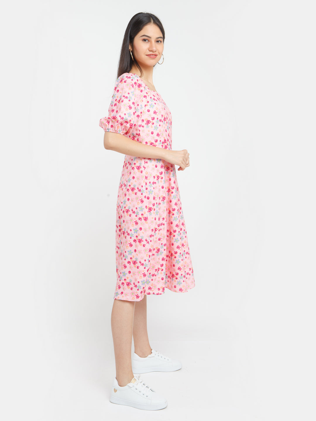 Multicolored Printed Puff Sleeve Midi Dress For Women