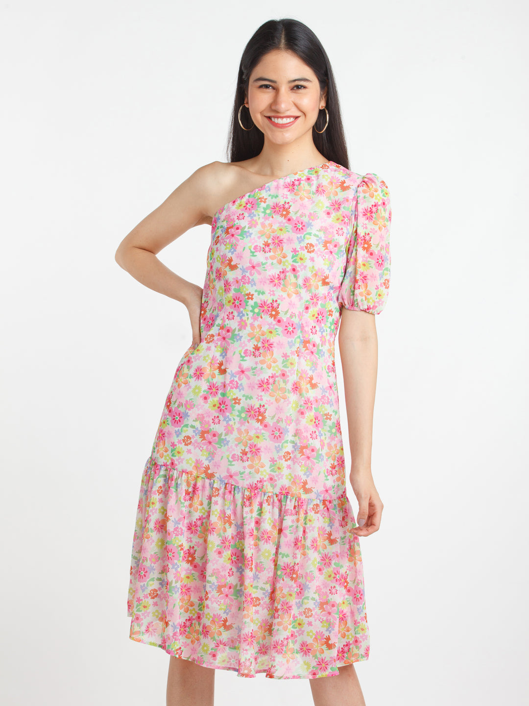 Multicolored Printed Offhoulder Midi Dress For Women