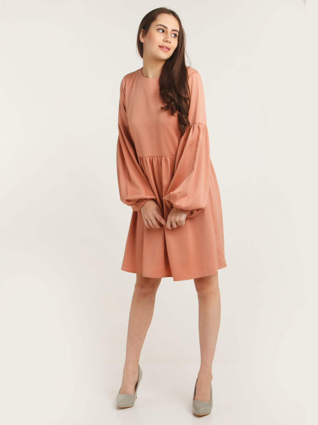 Peach Solid Gathered Short Dress