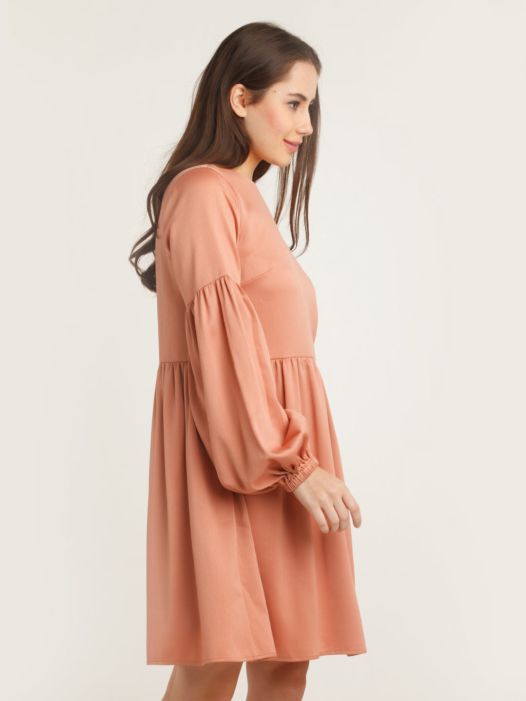 Peach Solid Gathered Short Dress