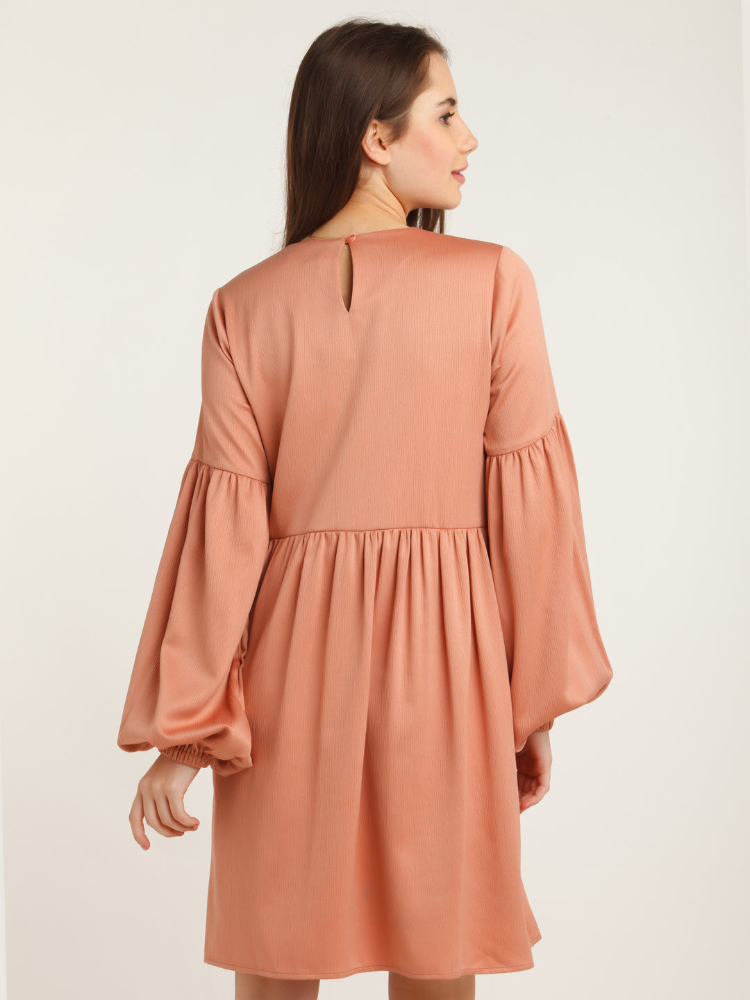 Peach Solid Gathered Short Dress