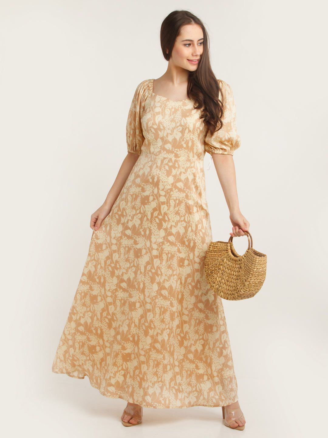 Peach Printed Puff Sleeve Maxi Dress