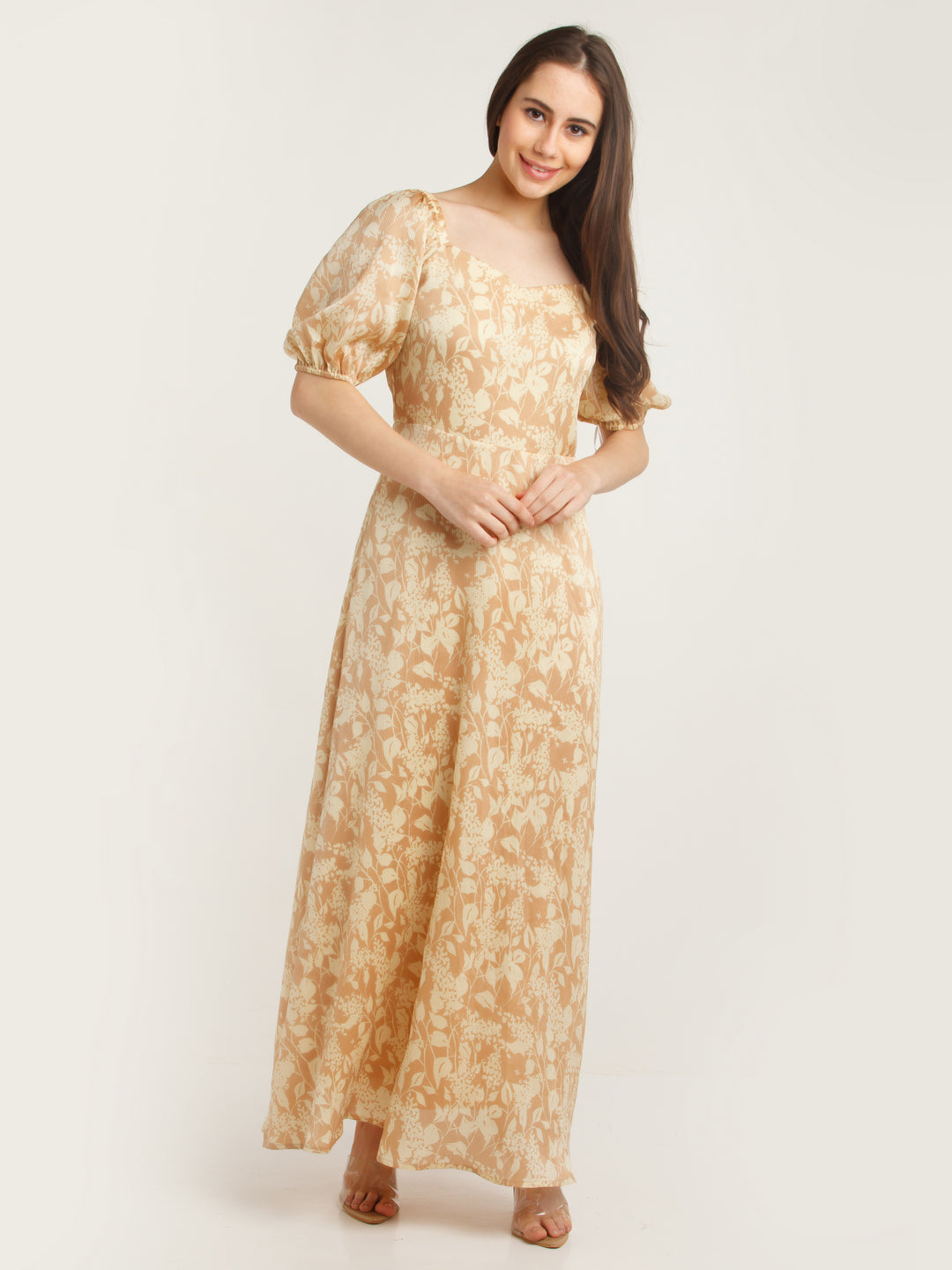 Peach Printed Puff Sleeve Maxi Dress