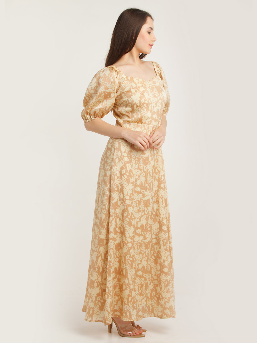 Peach Printed Puff Sleeve Maxi Dress