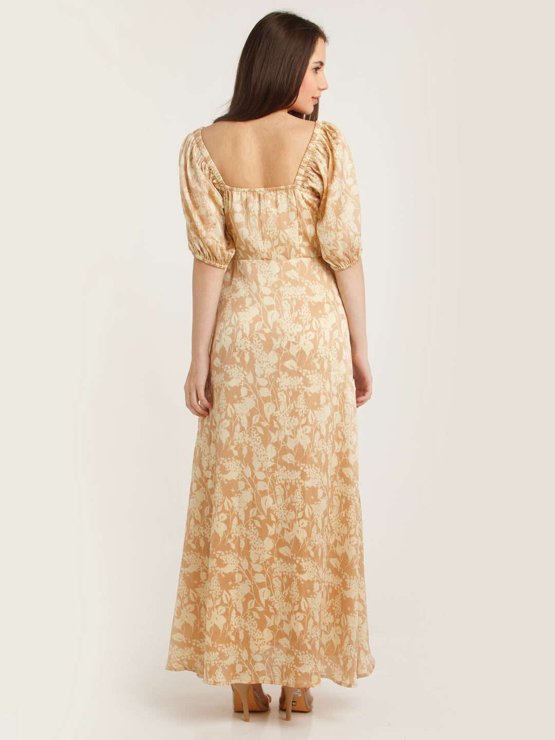 Peach Printed Puff Sleeve Maxi Dress