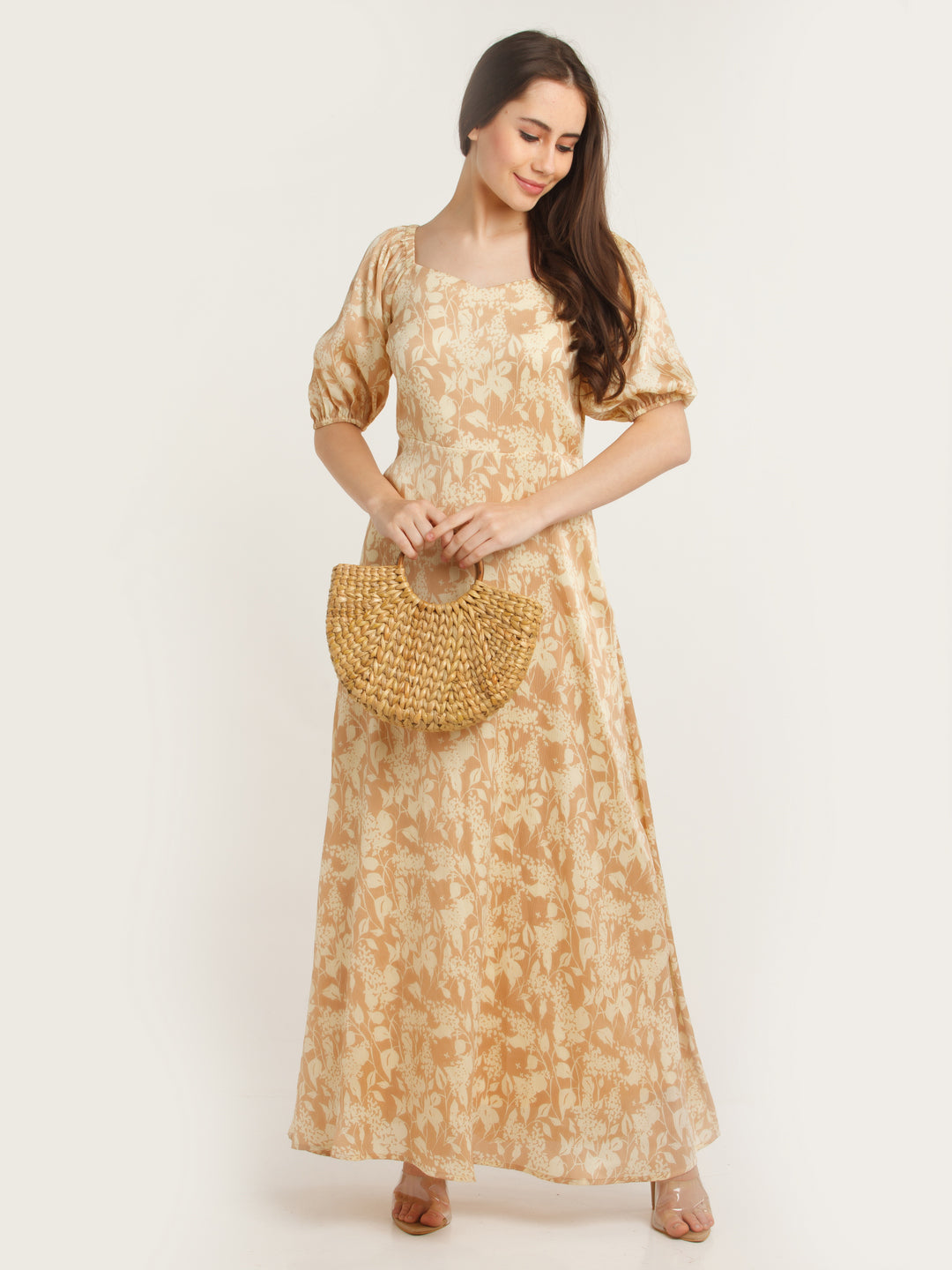 Peach Printed Puff Sleeve Maxi Dress