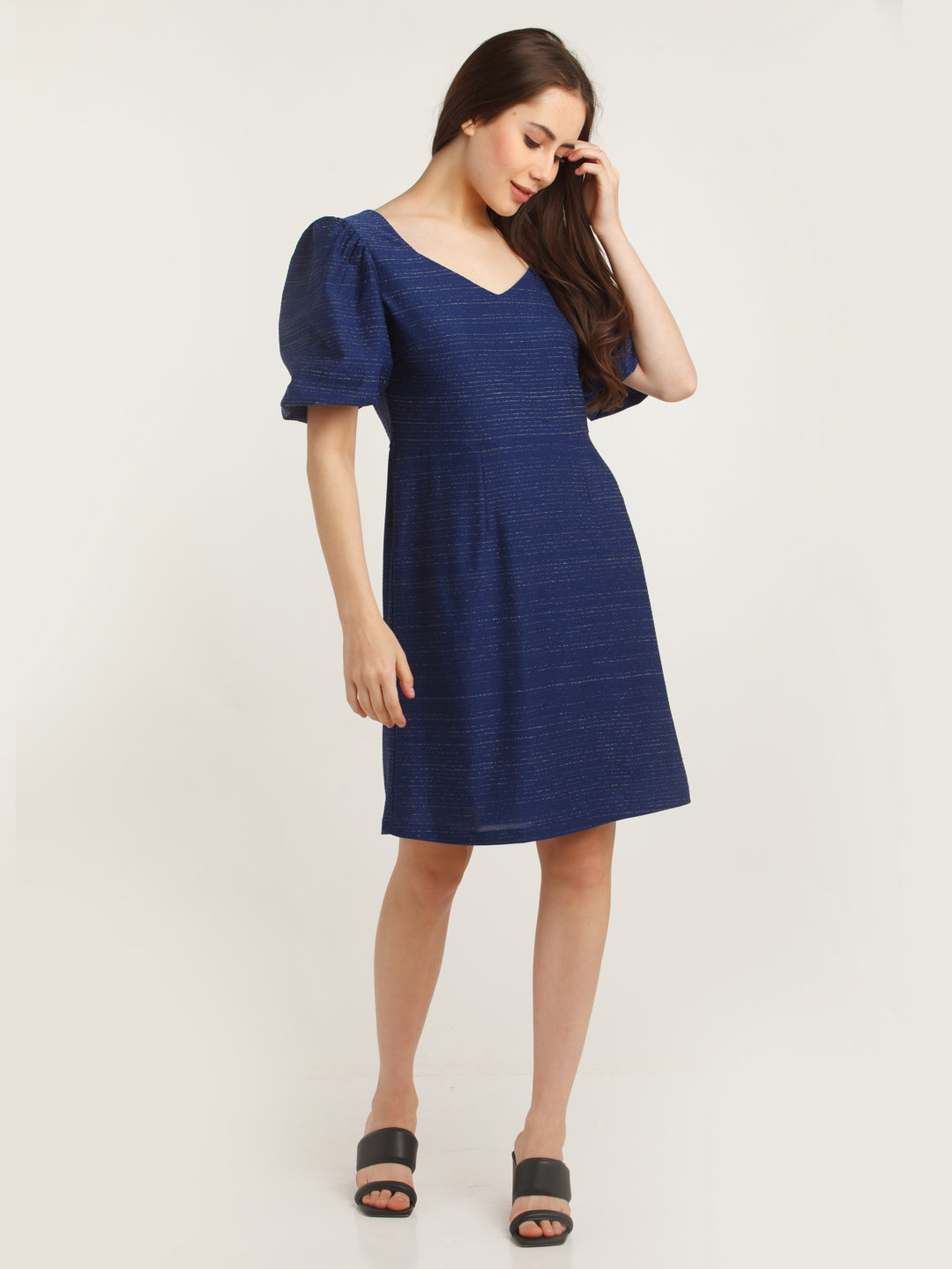 Navy Blue Embellished Puff Sleeve Short Dress For Women