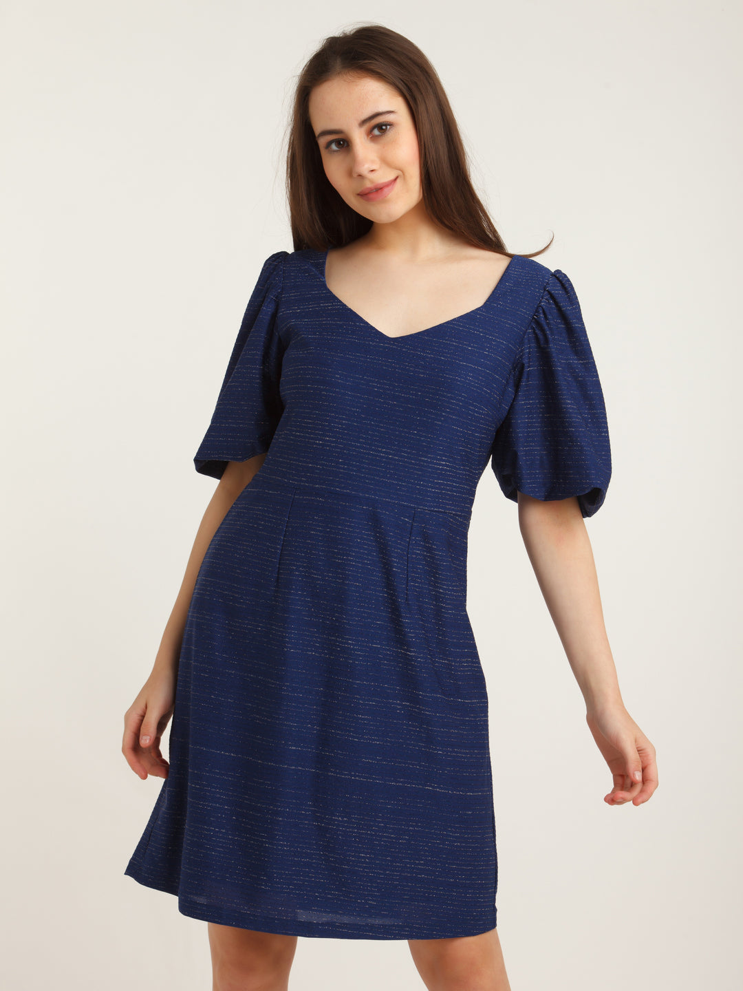 Navy Blue Embellished Puff Sleeve Short Dress For Women