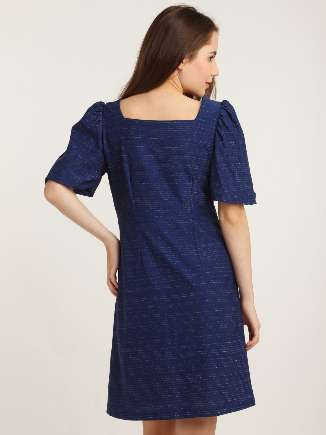 Navy Blue Embellished Puff Sleeve Short Dress