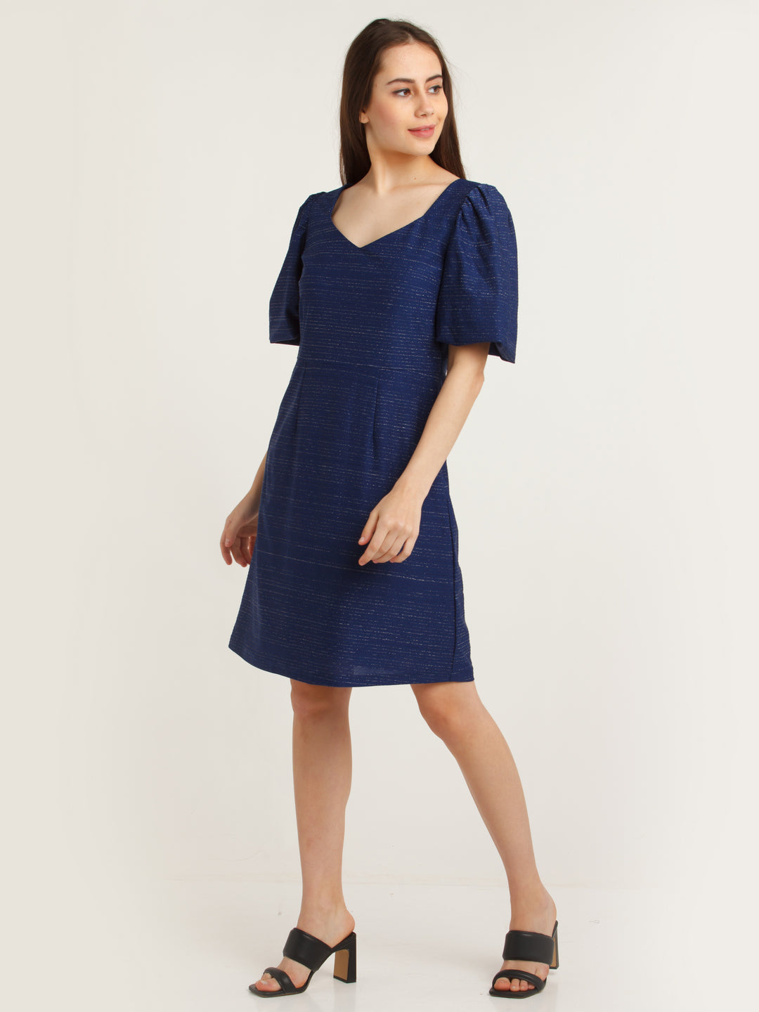 Navy Blue Embellished Puff Sleeve Short Dress