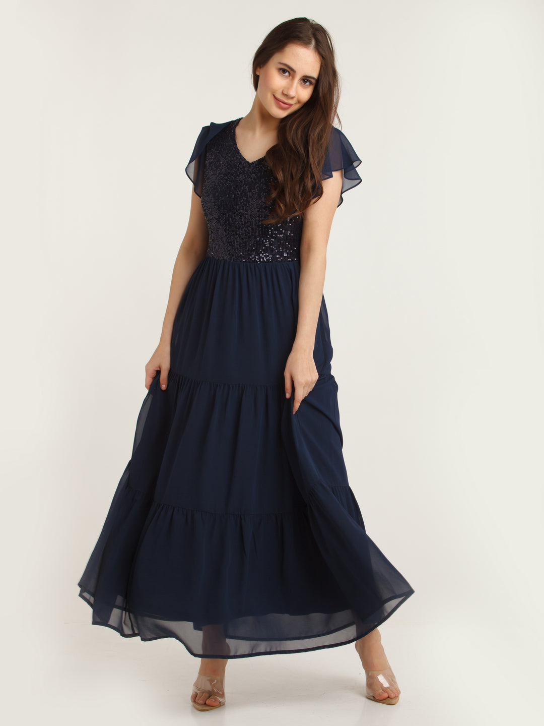 Navy Blue Embellished Tiered Maxi Dress