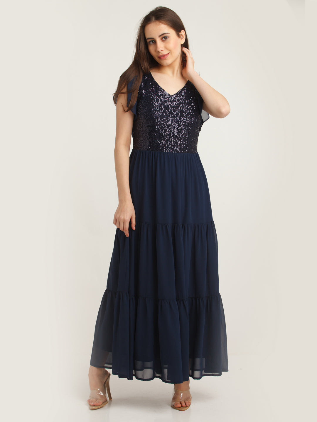 Navy Blue Embellished Tiered Maxi Dress