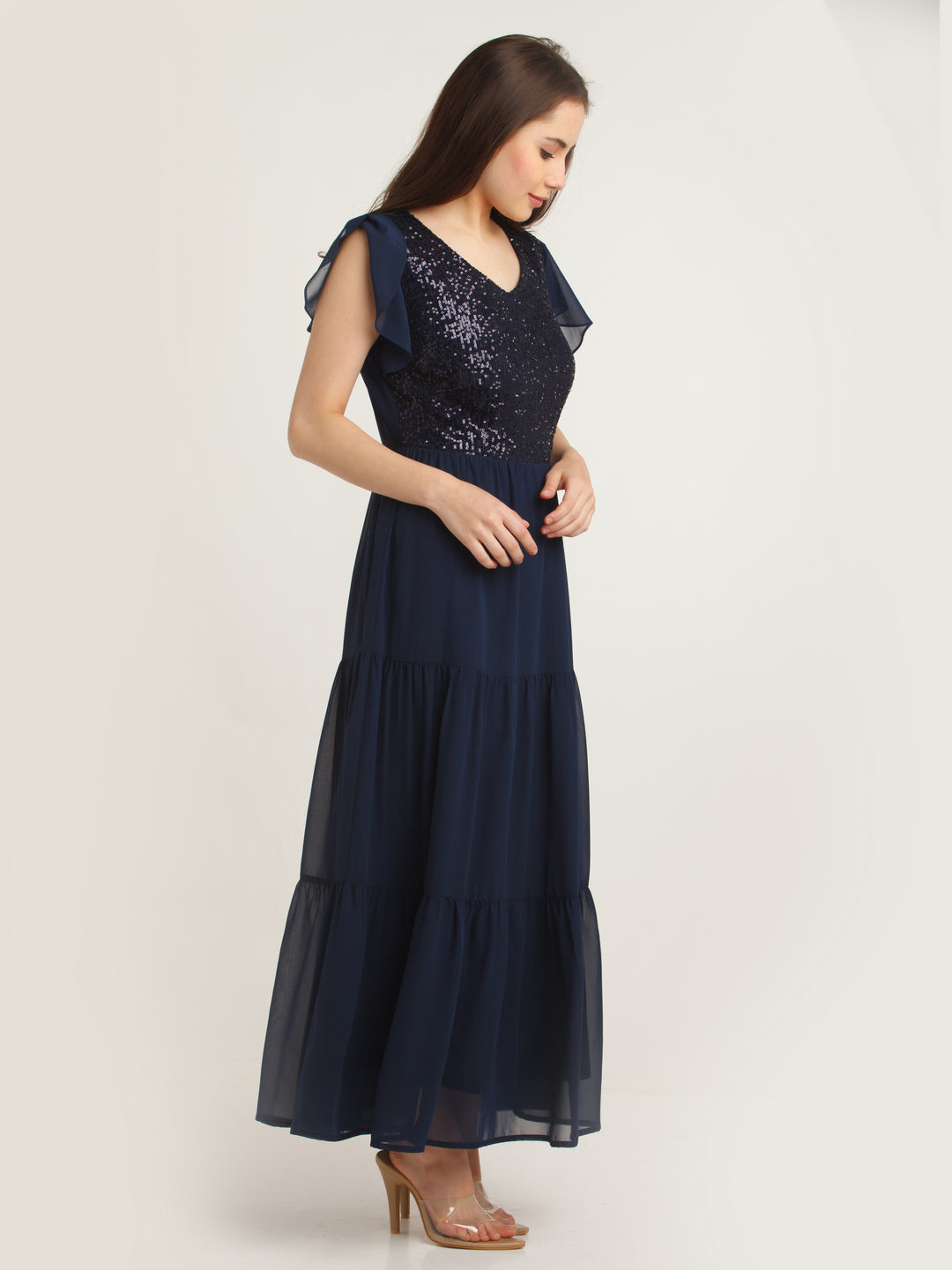 Navy Blue Embellished Tiered Maxi Dress