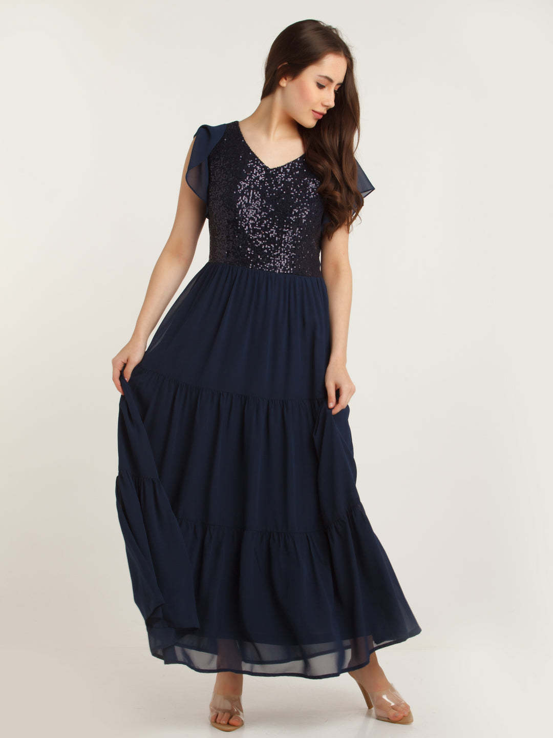 Navy Blue Embellished Tiered Maxi Dress