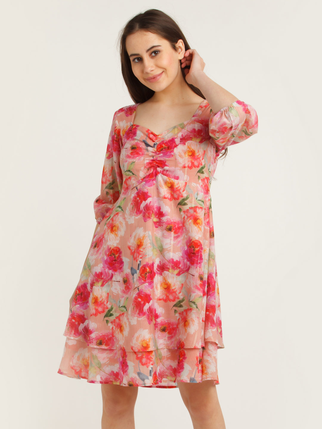 Pink Printed Layered Short Dress For Women