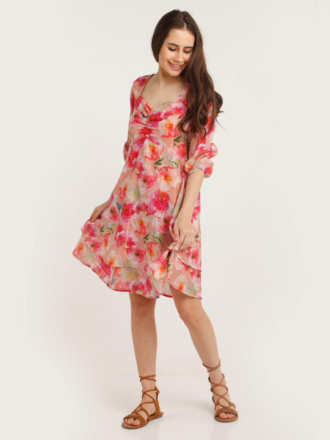 Pink Printed Layered Short Dress For Women