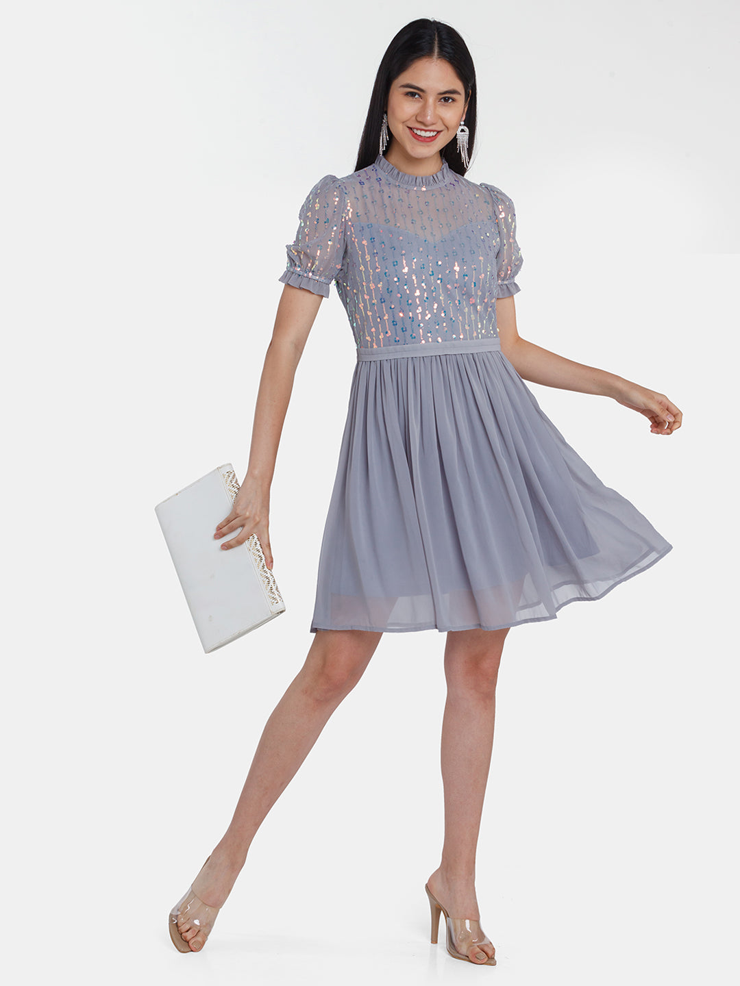 Grey Embellished Puff Sleeve Short Dress