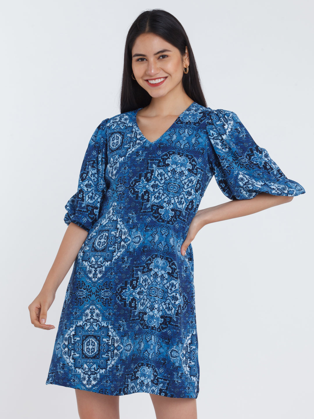 Blue Printed Puff Sleeve Short Dress