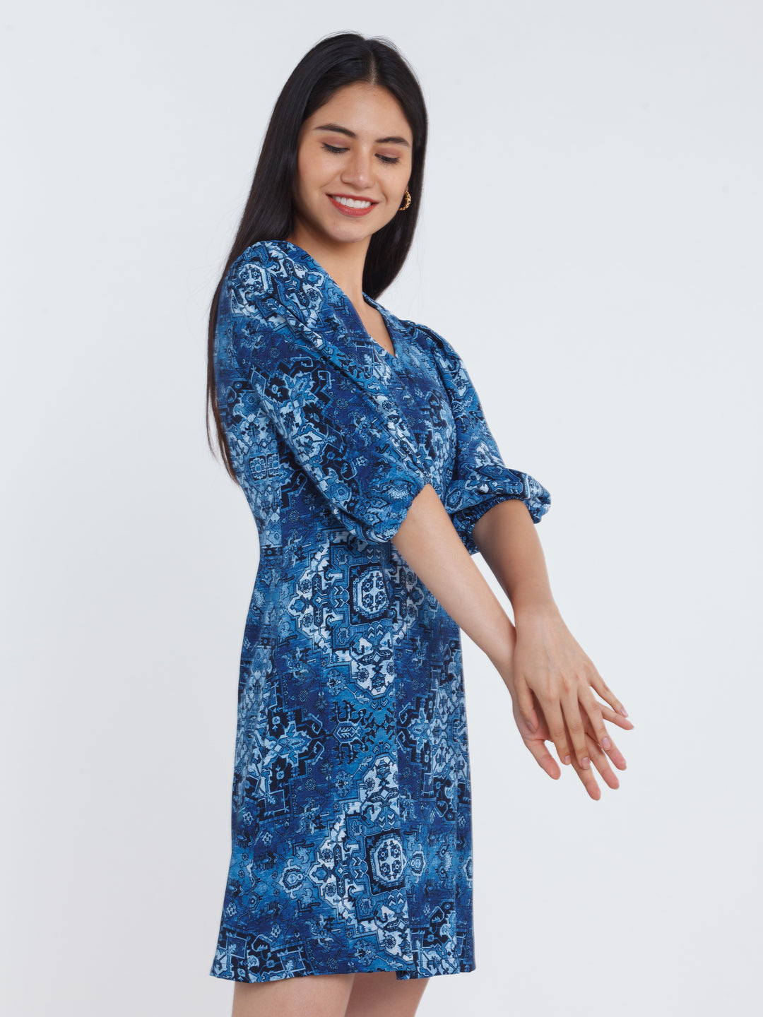 Blue Printed Puff Sleeve Short Dress For Women