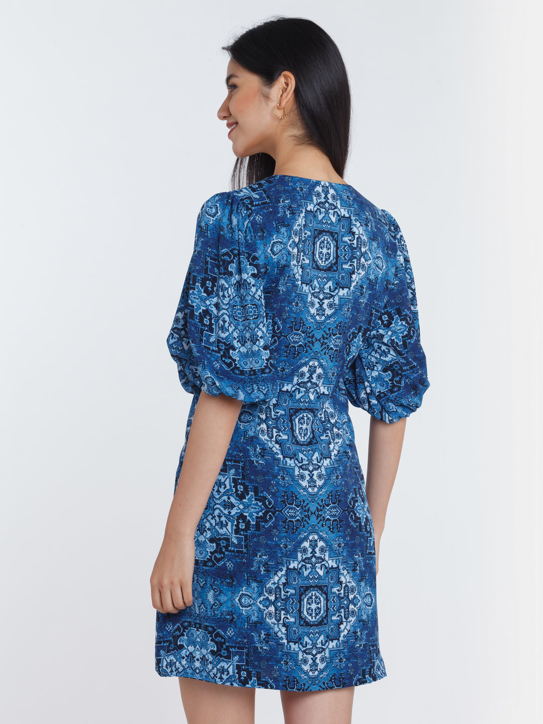 Blue Printed Puff Sleeve Short Dress For Women