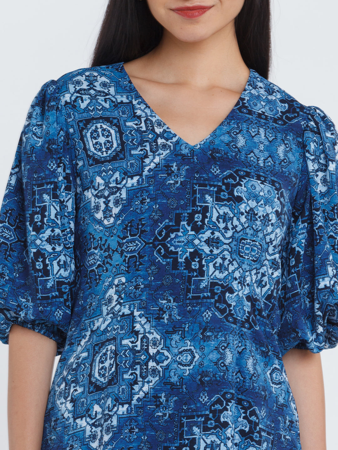 Blue Printed Puff Sleeve Short Dress