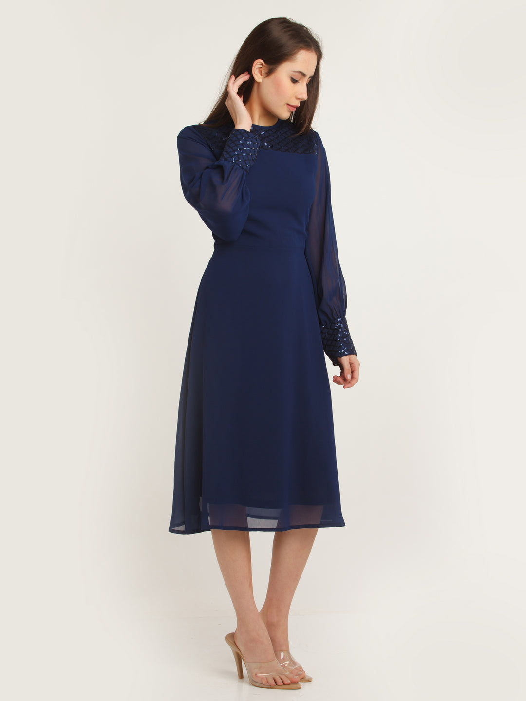 Blue Embellished Midi Dress For Women