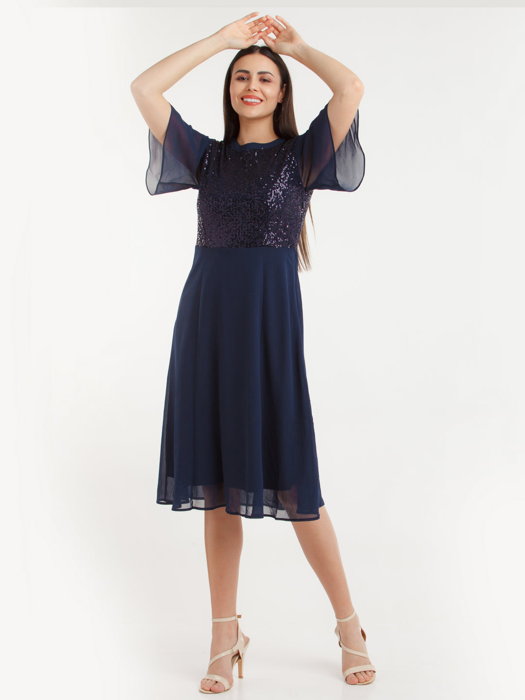 Navy Blue Embellished Midi Dress