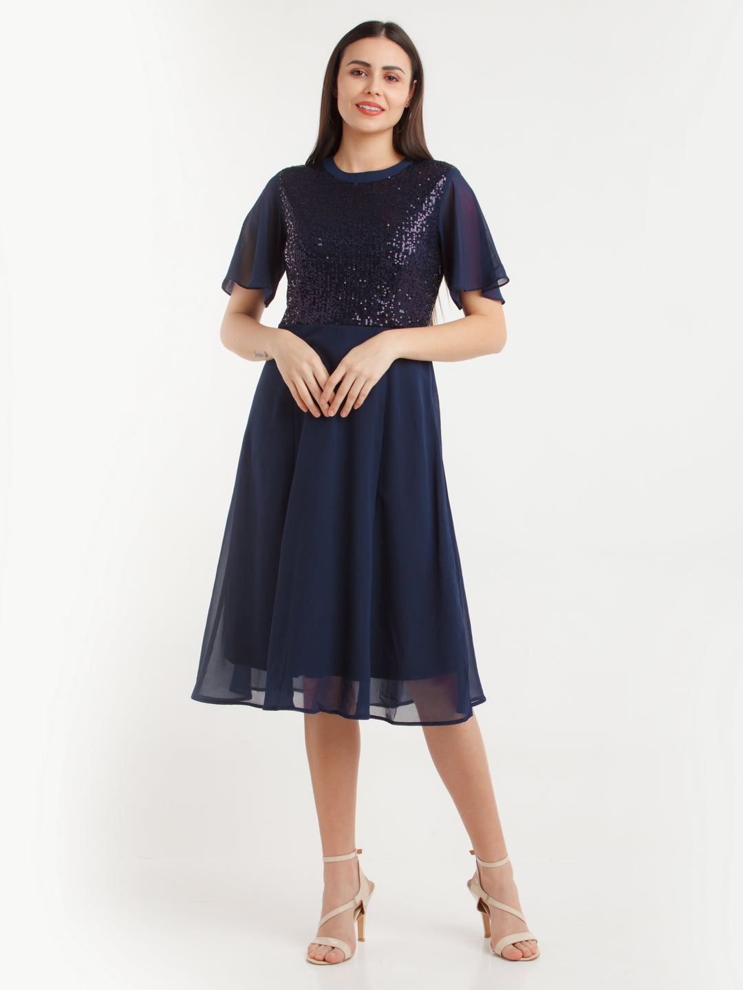 Navy Blue Embellished Midi Dress