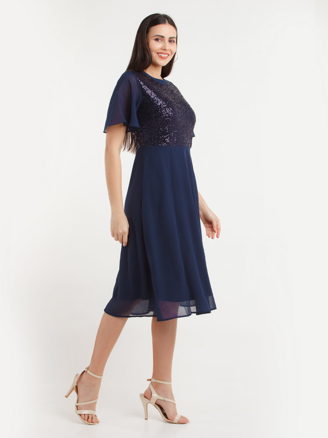 Navy Blue Embellished Midi Dress