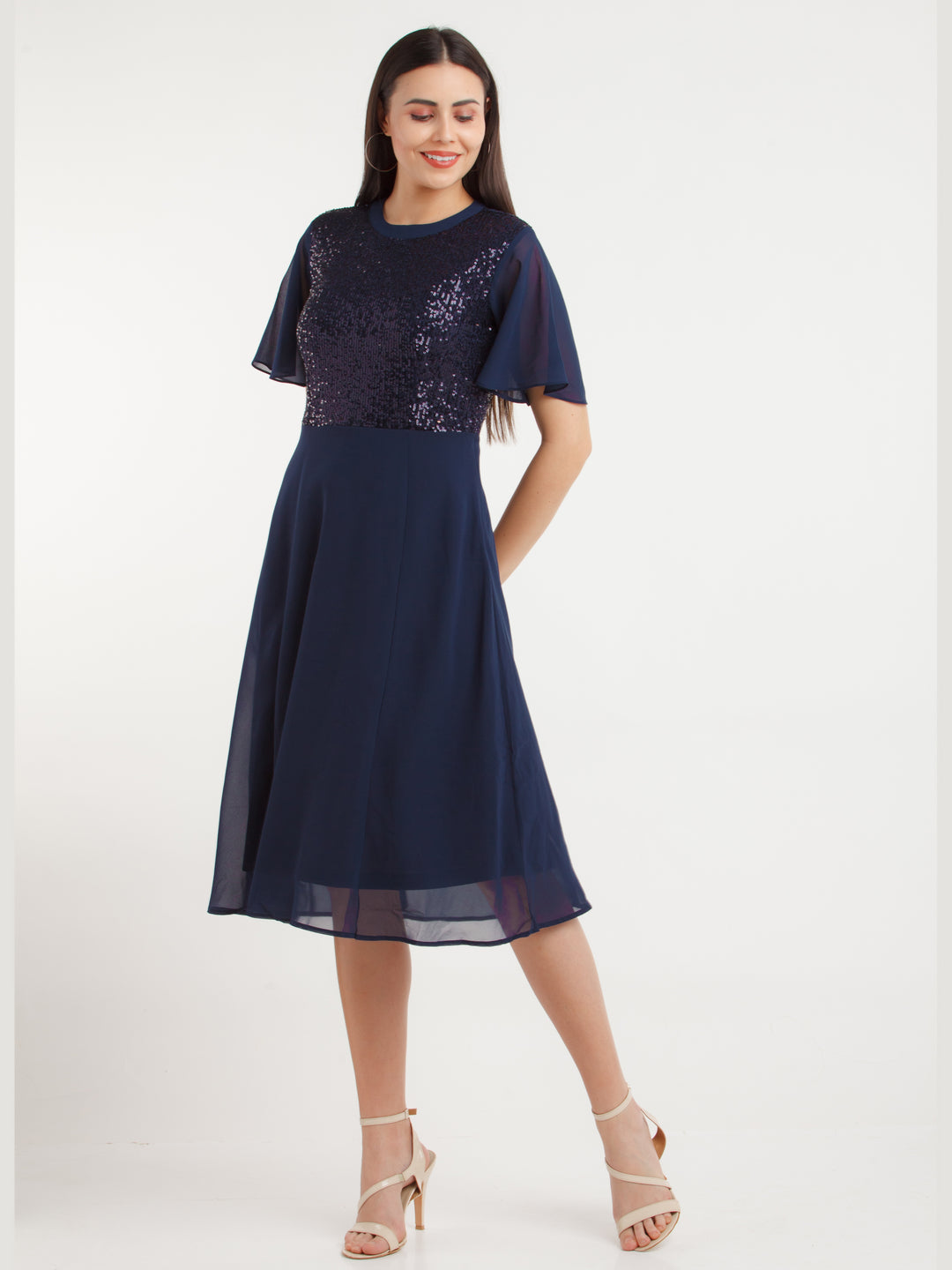 Navy Blue Embellished Midi Dress