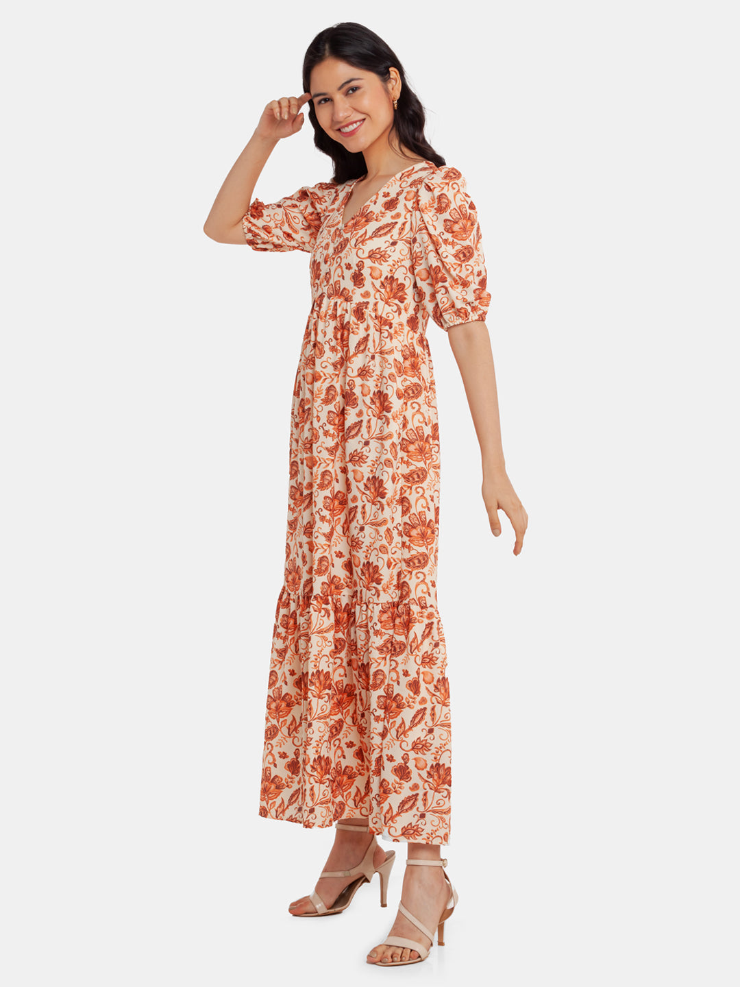Beige Printed Empire Maxi Dress For Women