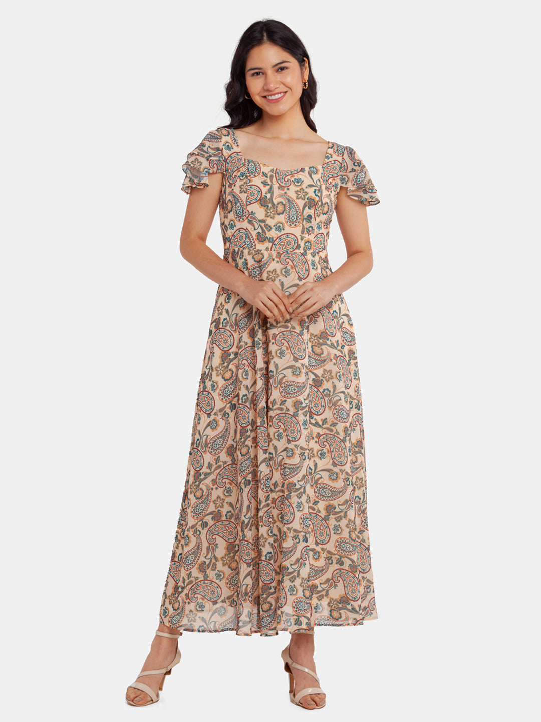 Beige Printed Maxi Dress For Women