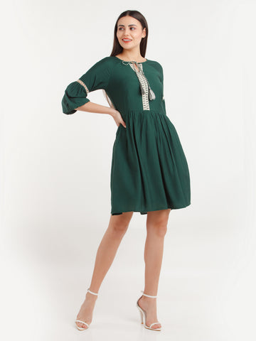 Green Solid Short Dress For Women