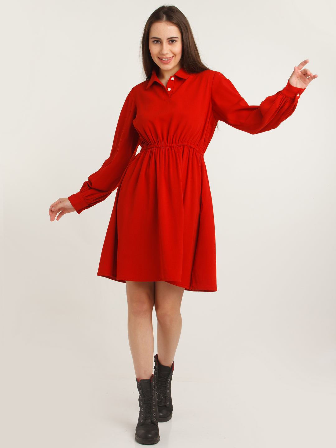 Red Solid Elasticated Short Dress For Women