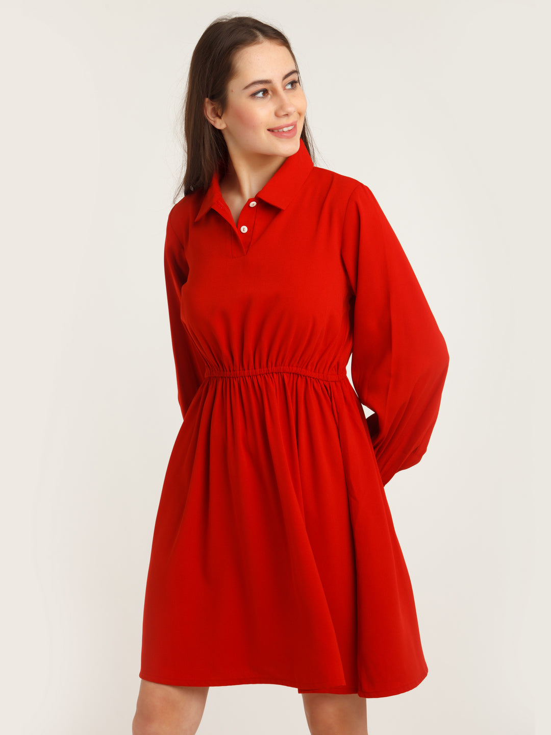 Red Solid Elasticated Short Dress For Women