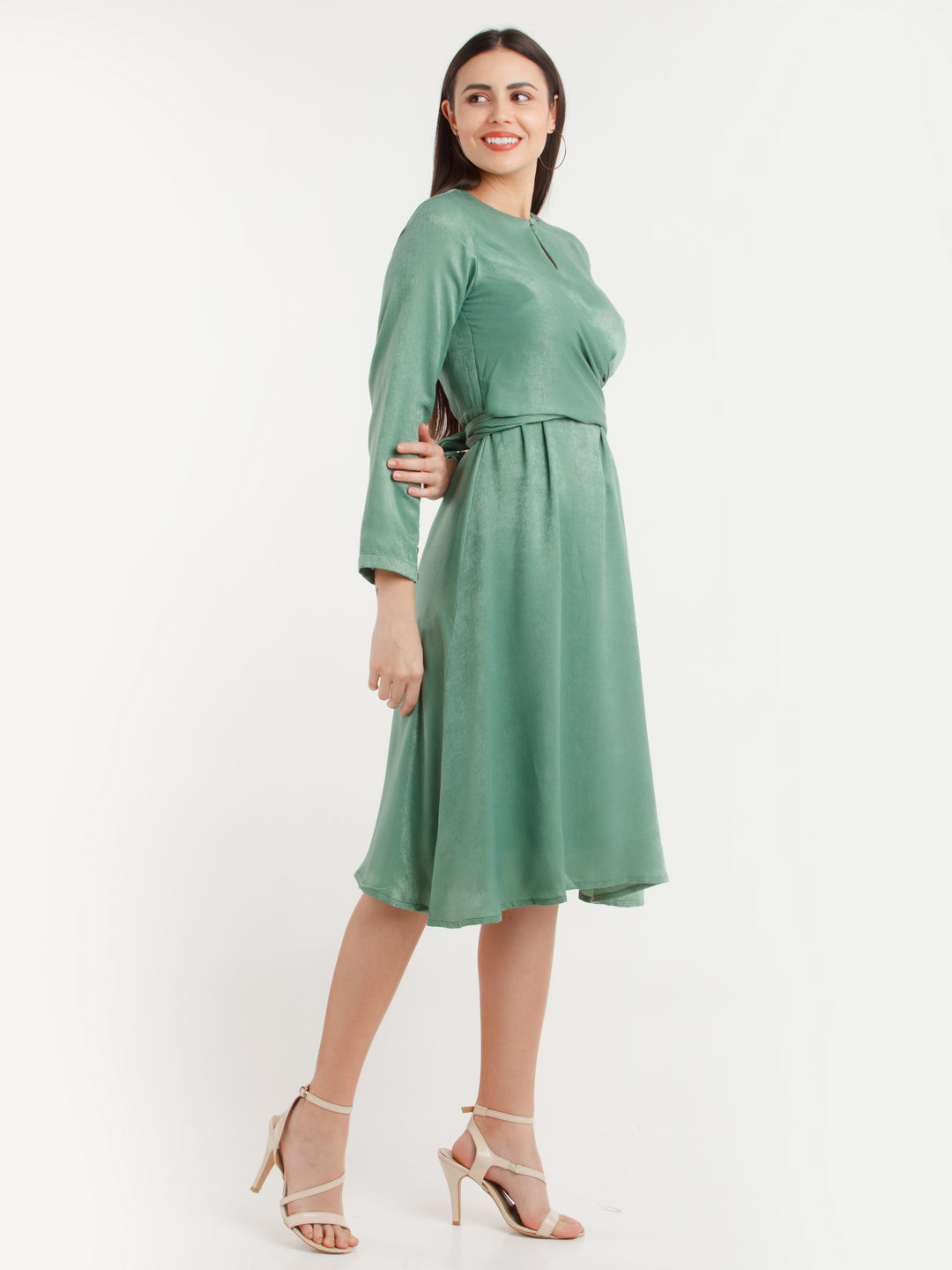 Green Solid Midi Dress